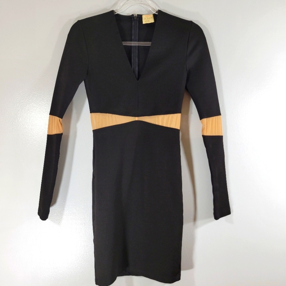 TORN by RONNY KOBO black nude mesh inset bodycon long sleeve knee length dress